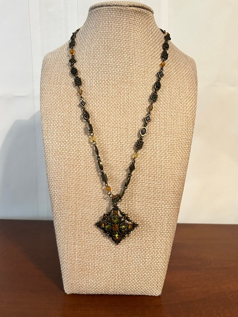 Vintage Bronze Gold Tone Ornate Pendant Necklace Green Yellow Crystal Rhinestone